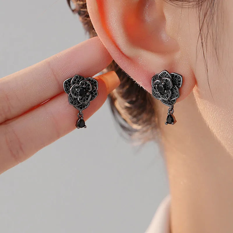 Black rose zircon flower stud earrings with 18K copper electroplating