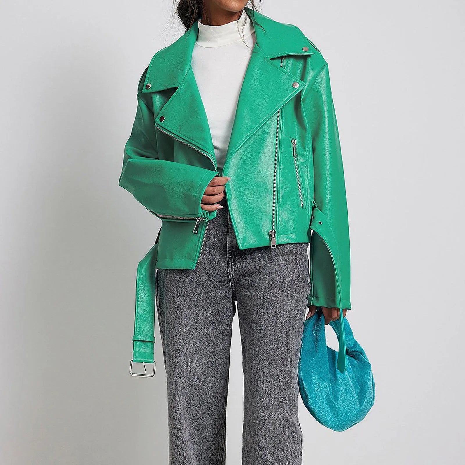 A black punk-style short jacket with a Peter Pan collar and a drawstring waist.