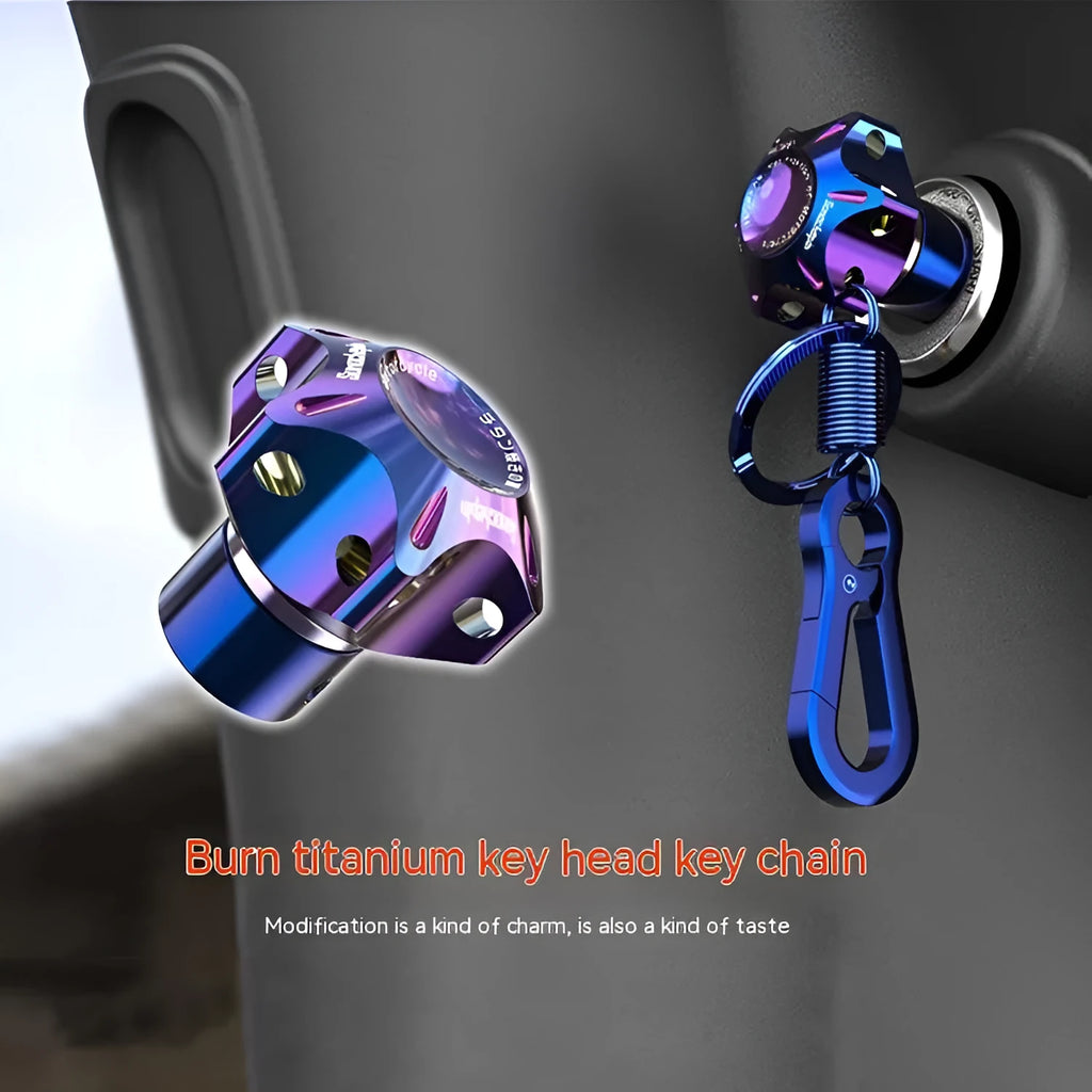 T6 aluminium alloy motorcycle key head cover in plum blossom, hexagonal, and five-pointed star designs.
