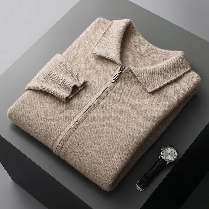 Men's loose lapels thickened wool knit cardigan suit in camel, oversized fit, two-piece set