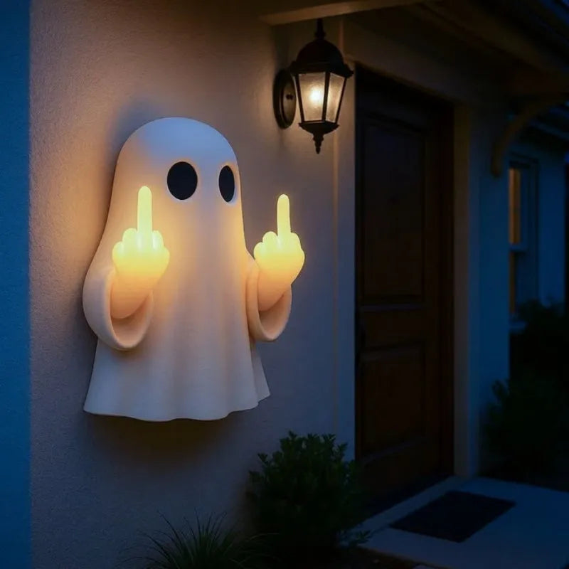 White plastic ghost statue night lamp with LED illumination for Halloween decor measuring 19.85cm tall