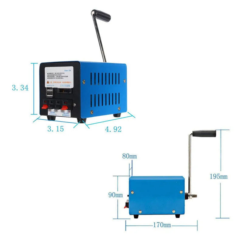 Blue metal hand crank USB power generator with anti-slip grips for emergency charging