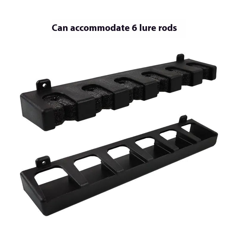 Black ABS plastic wall-mounted fishing rod holder in horizontal and upright styles