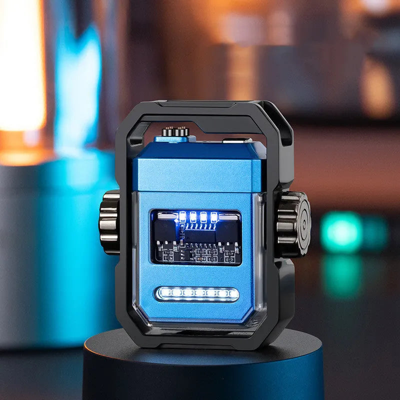 Blue Pulse X12 electric lighter with windproof double arc and a visible mechanical gyroscope, folded for storage.