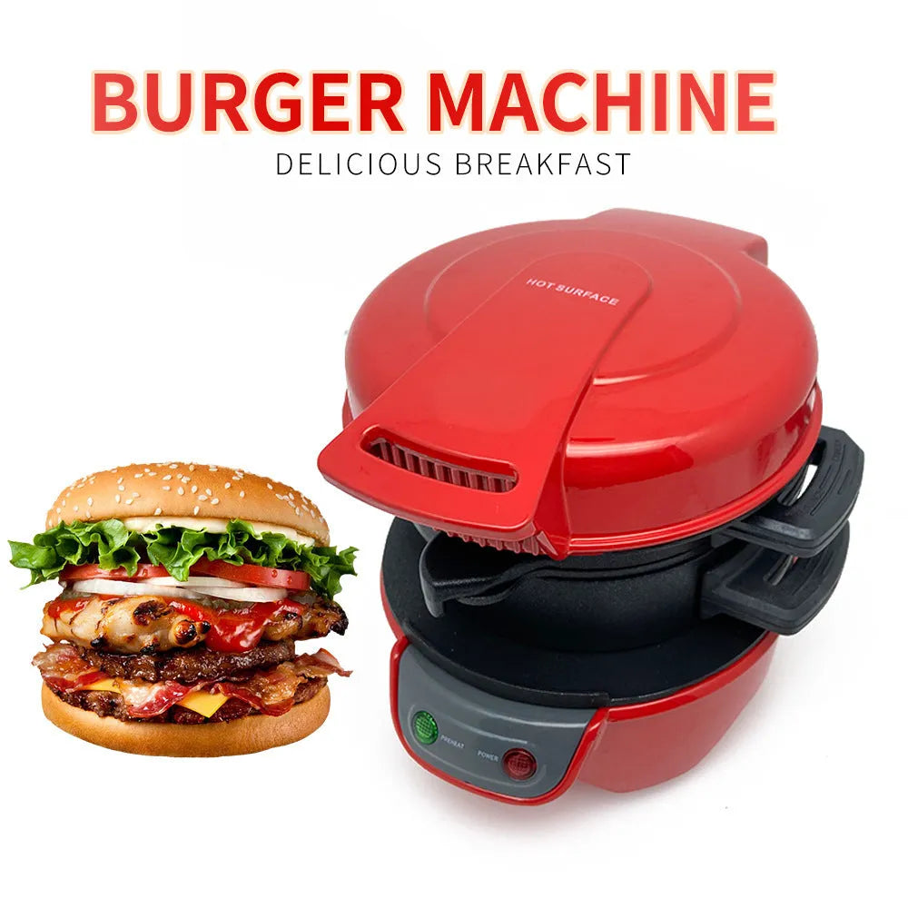 Household breakfast sandwich and waffle maker with egg cooker ring in bright red colour
