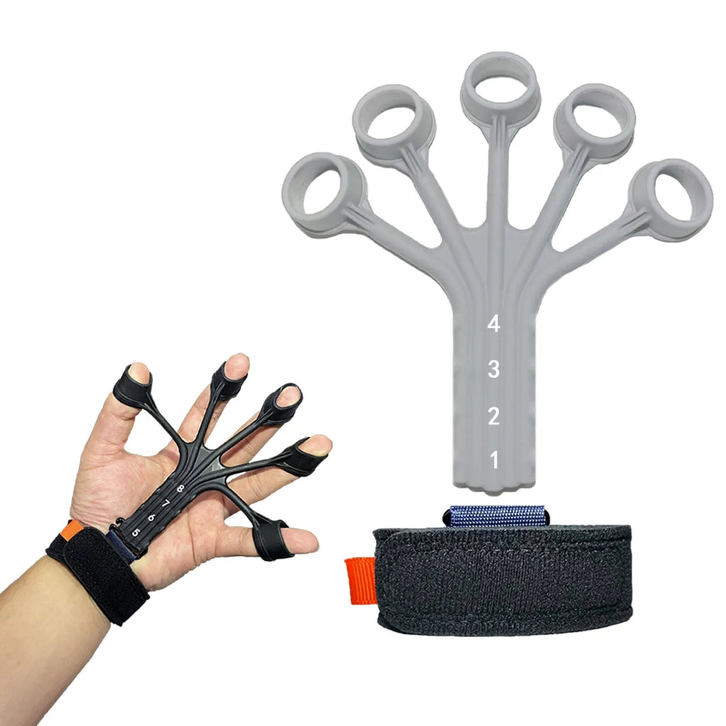Black silicone finger rehabilitation trainer with adjustable resistance band for flexion and extension exercises