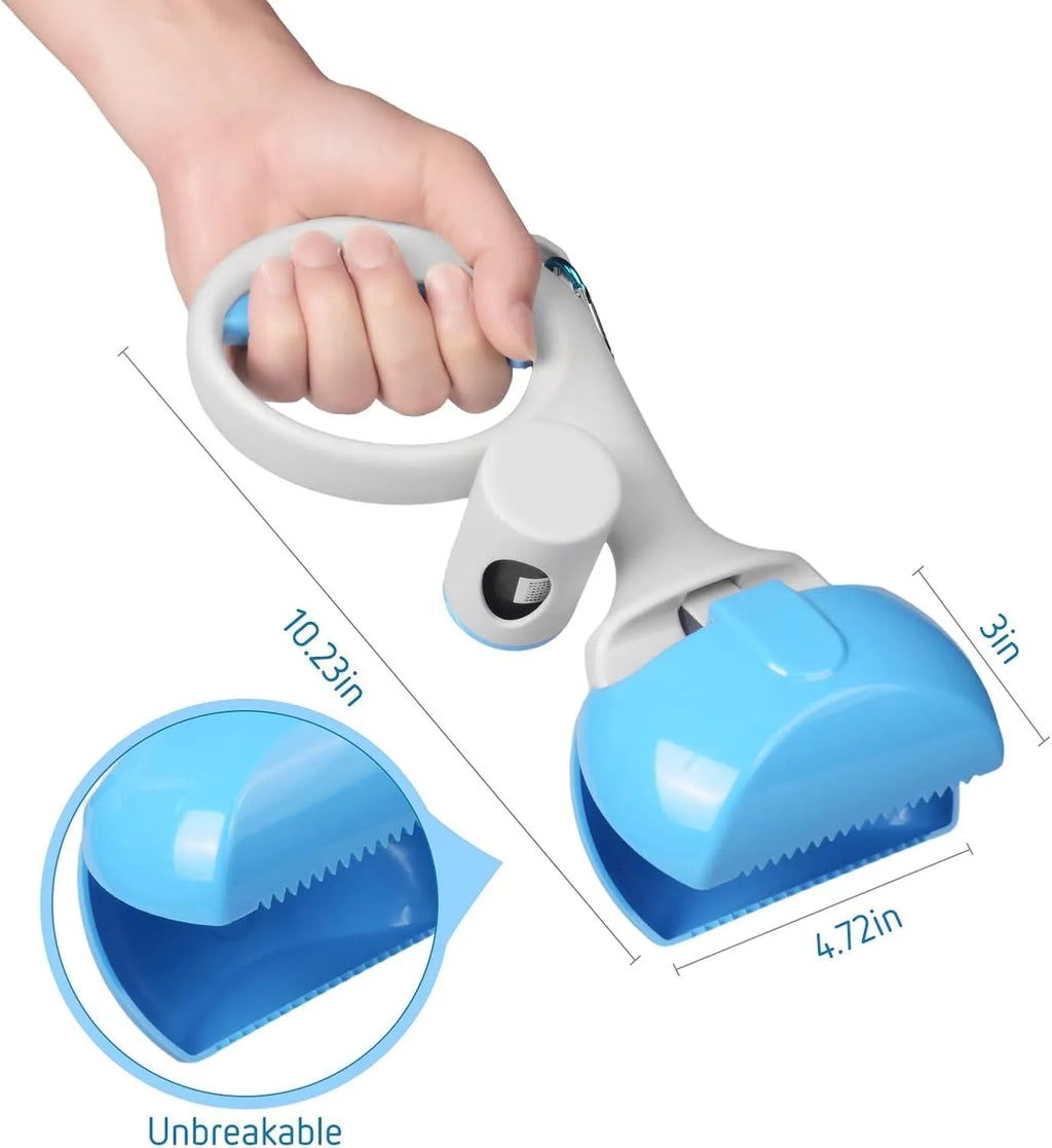 Black ABS plastic pet pooper scooper with built-in trash bag holder and top carrying hook.