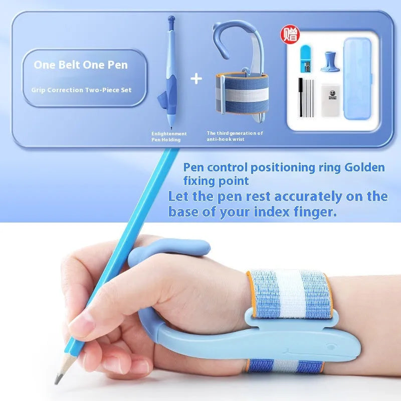 Blue Anti-hook Holder Pen Control Corrector wrist brace on a hand holding a pencil.
