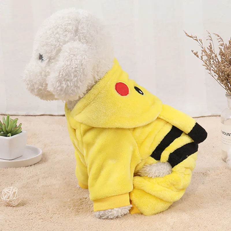Fleece cartoon hoodie coat for a cat or small dog on a white background.