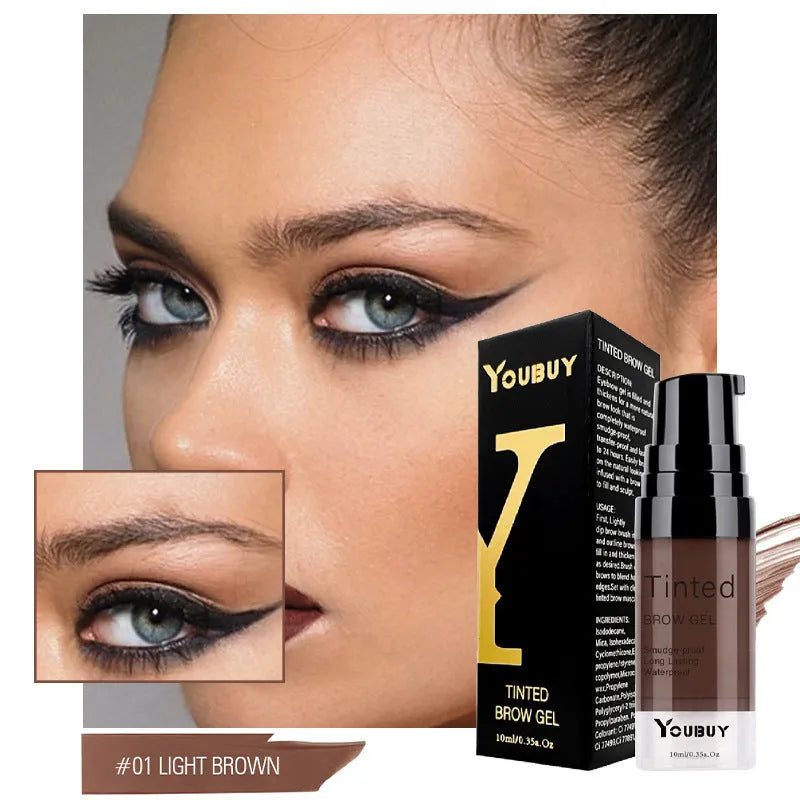 Brow cream tube in dark grey and golden yellow shades for waterproof, quick-drying eyebrow definition