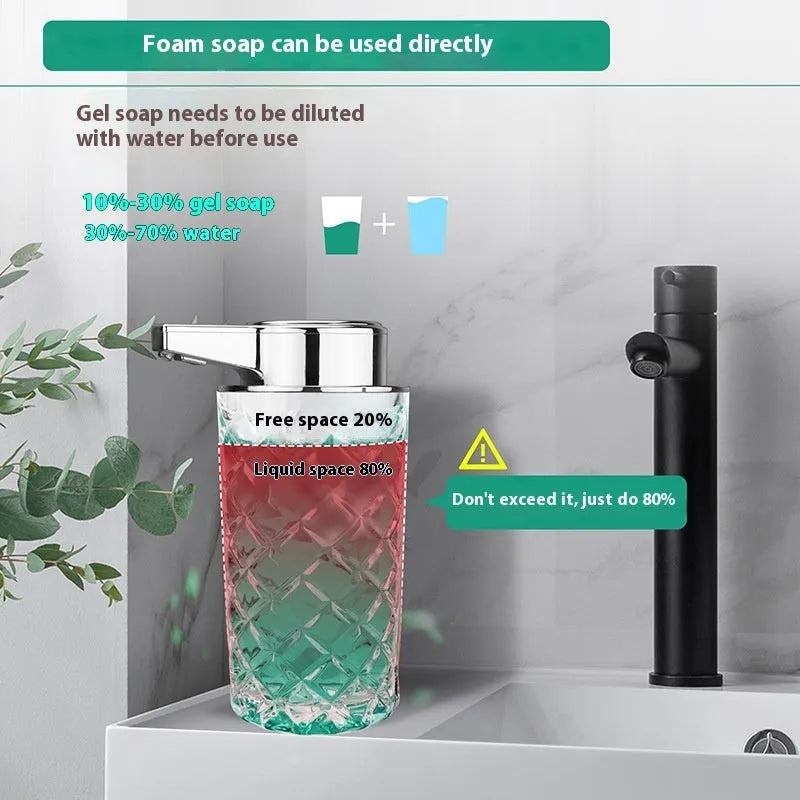 Silver automatic soap dispenser with USB Type-C charging port and sensor activation