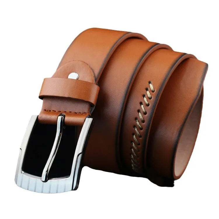 Men's black imitation leather belt with threading pattern and a silver alloy pin buckle.