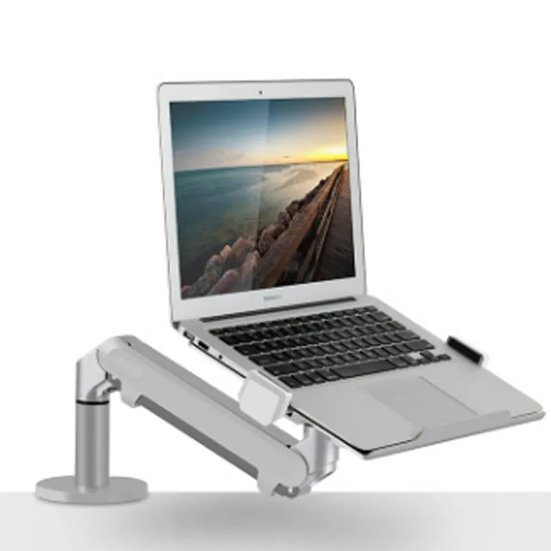 Silver aluminium laptop stand with hover design and air pressure arm bracket elevating a notebook