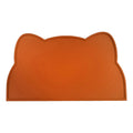 Blue silicone pet feeding mat with cat head shape under food and water bowls