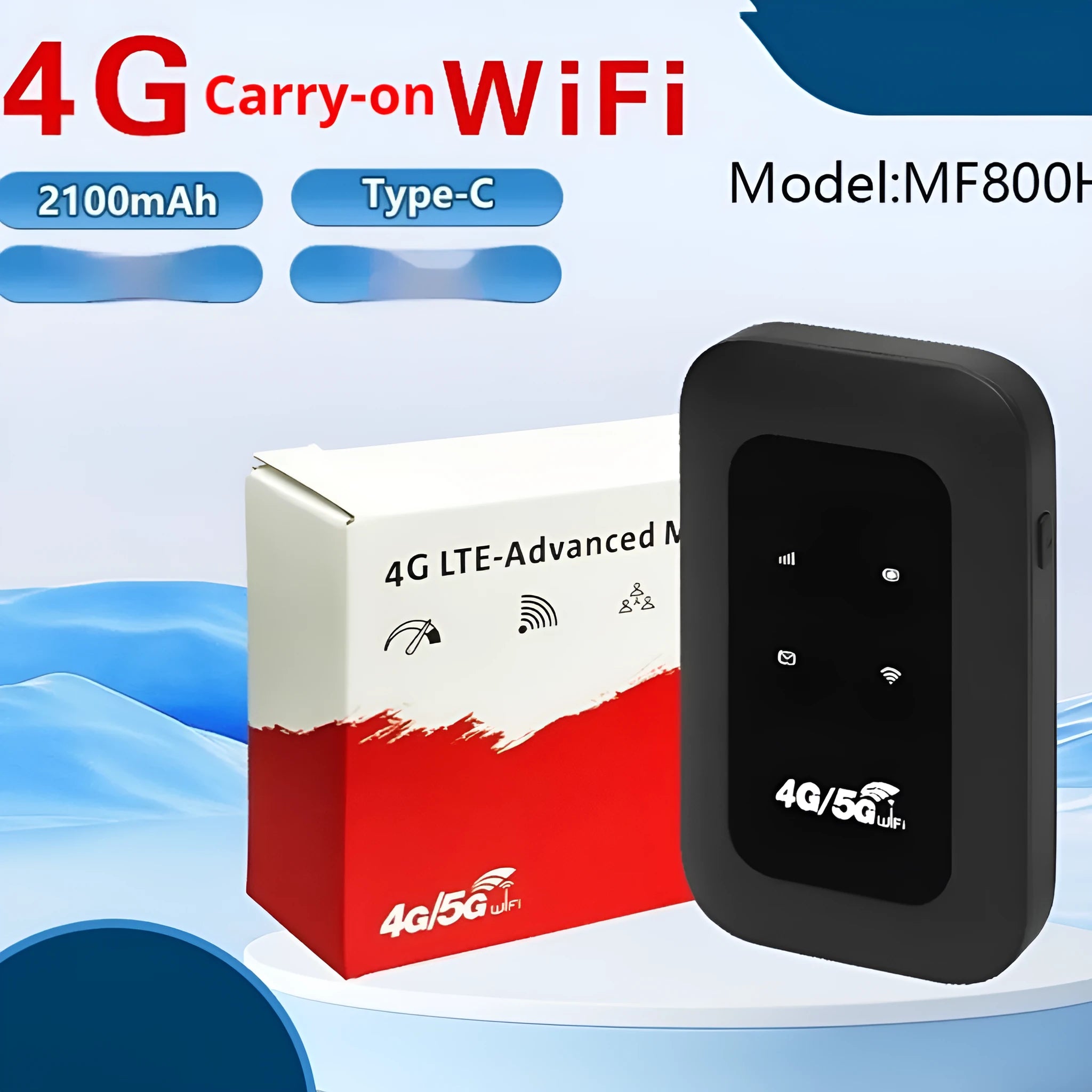 Portable 4G WiFi router with SIM slot, 11x7.5x2.8 cm, black casing, data cable included