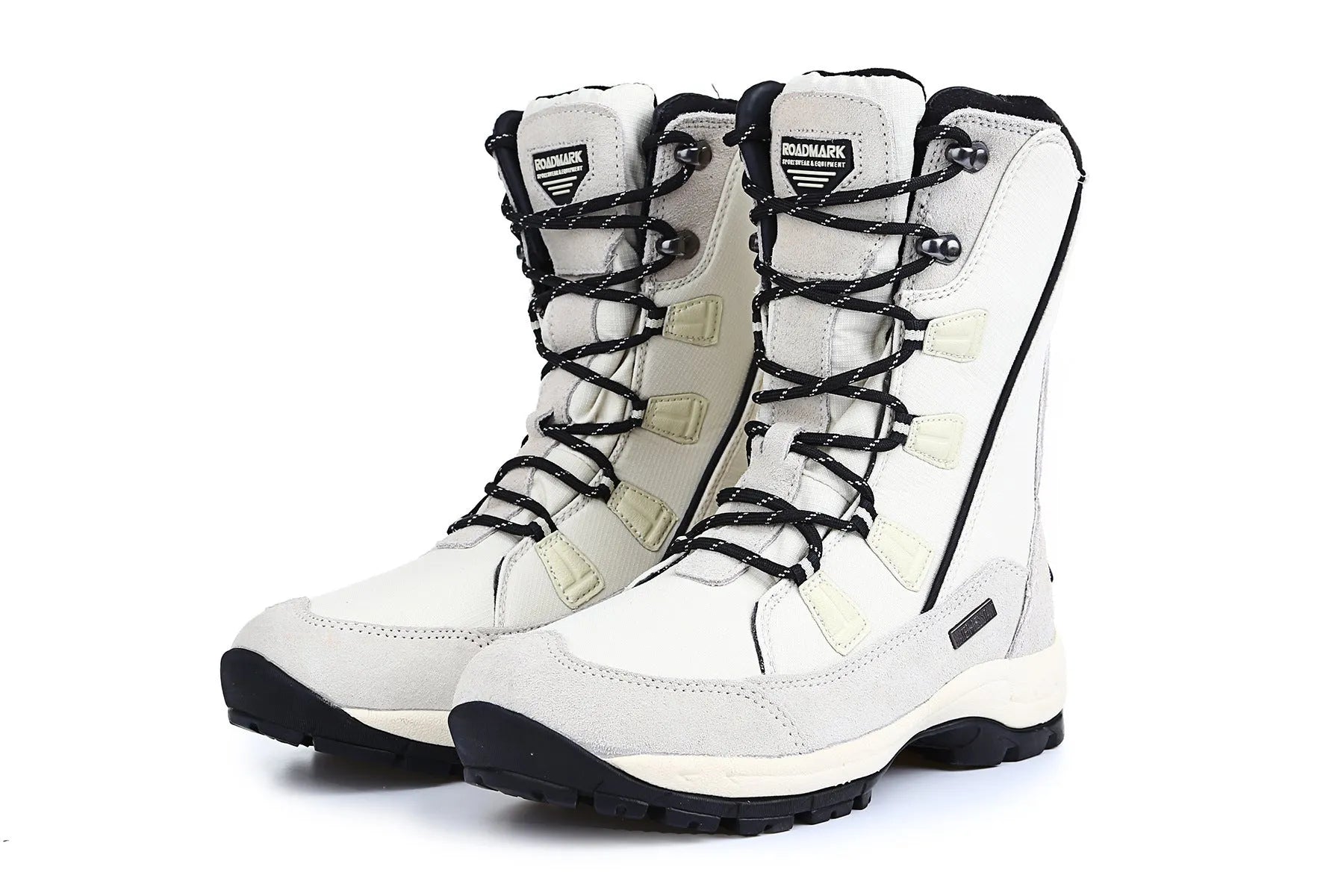 Women's black genuine leather mid-calf snow boots with a round toe and rubber sole on a white background.
