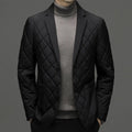 Men's solid colour down jacket cardigan with lapel collar and side seam pockets.