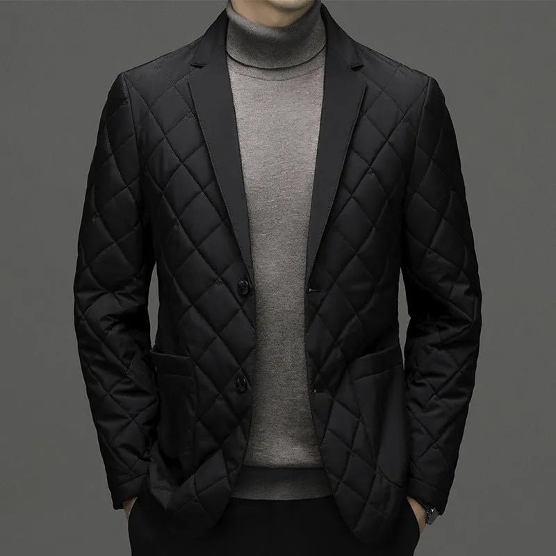 Men's solid colour down jacket cardigan with lapel collar and side seam pockets.