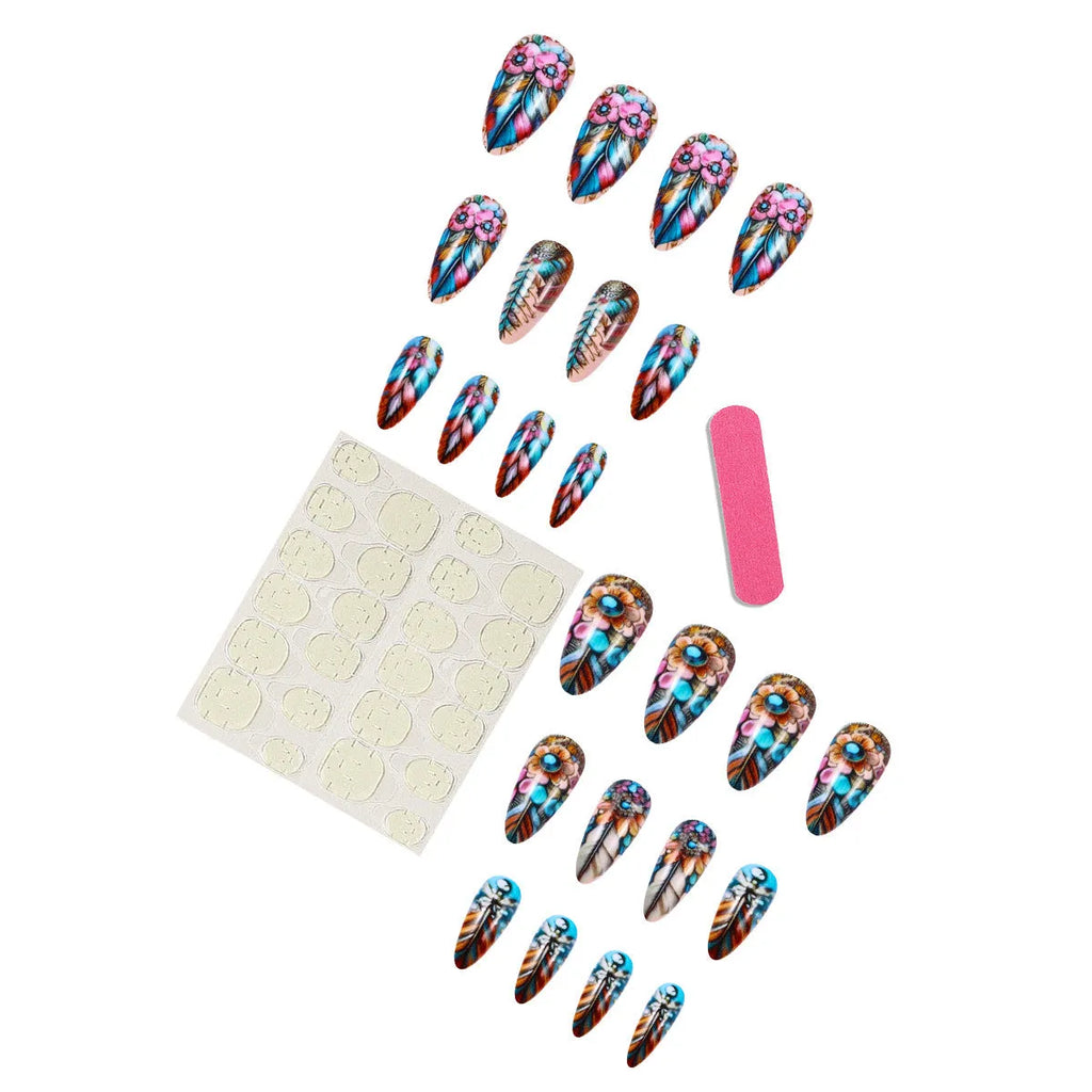 Retro colourful feather wearing armour nail art set with cartoon designs and plastic Jelly Glue burnishing stick