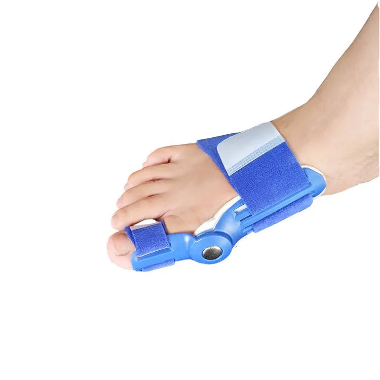 Blue Hallux Valgus Corrector adjustable splint with antibacterial velvet lining on a white background.