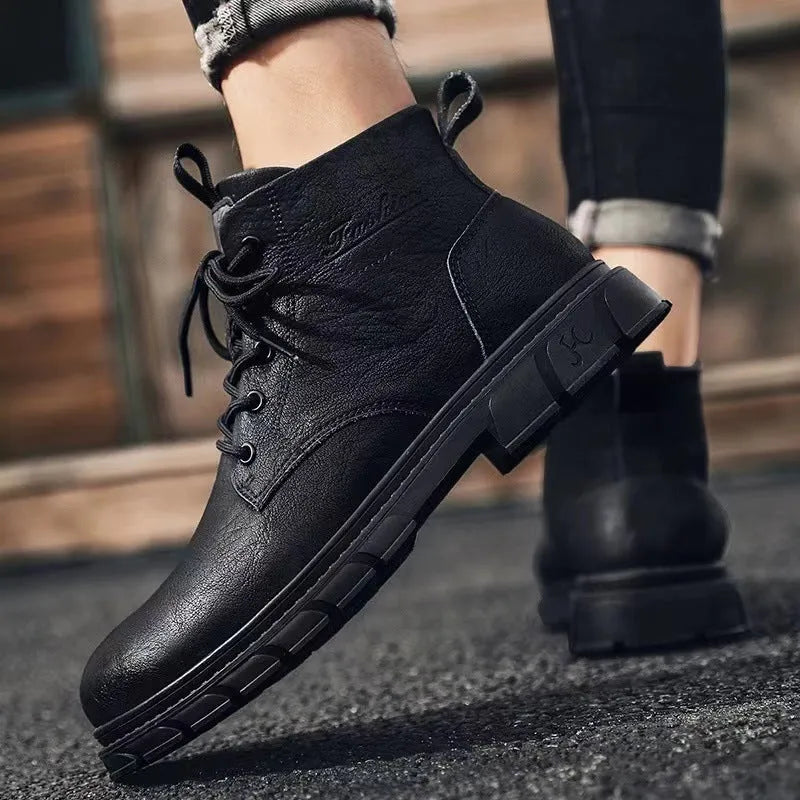 Men's high-top black leather Martin boots with front lacing, square heel, and stitched PU upper