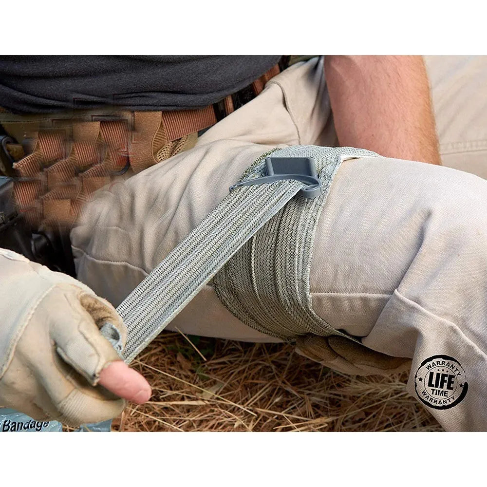 Portable outdoor training hemostatic bandage in 4-inch and 6-inch sizes with tactical gauze tape