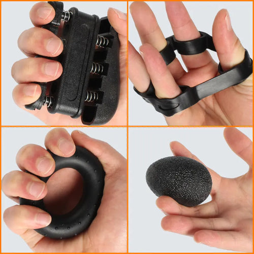 Adjustable count spring grip five-piece set with black and blue hand trainers on a white background