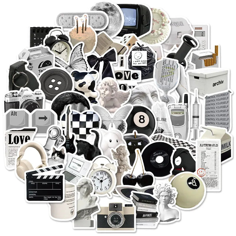 Pack of 61 black and white waterproof PVC stickers for laptops and drinkware.