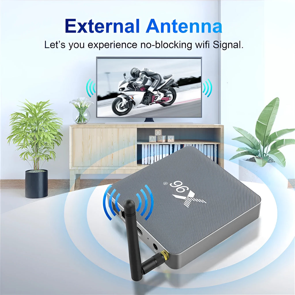 Android Smart Voice Set-top Box with remote control, HDMI cable, and power adapter on a table.