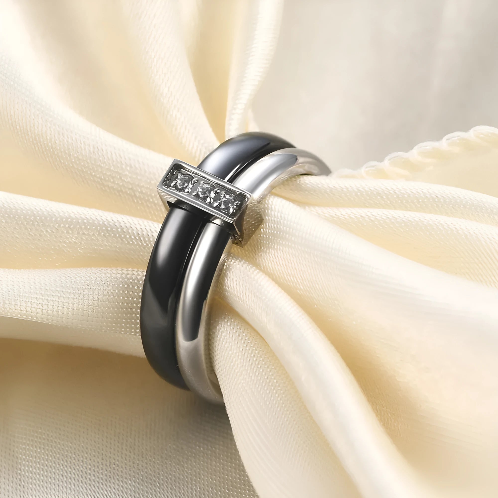 Geometric ceramic women's ring with zirconium detailing in steel black or gold white finish
