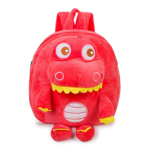 Soft blue dinosaur plush backpack for children with embroidered details and a soft handle.