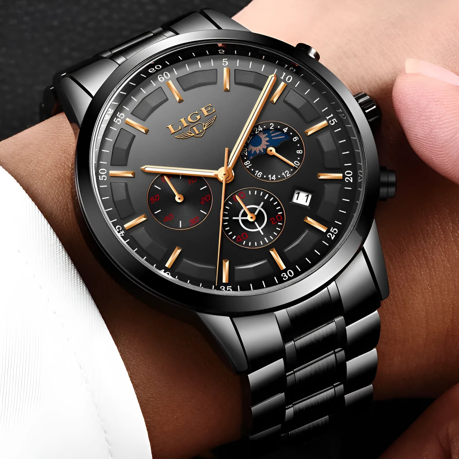 Men's waterproof quartz sports watch showing 12mm thick case in black with rose gold colour combination
