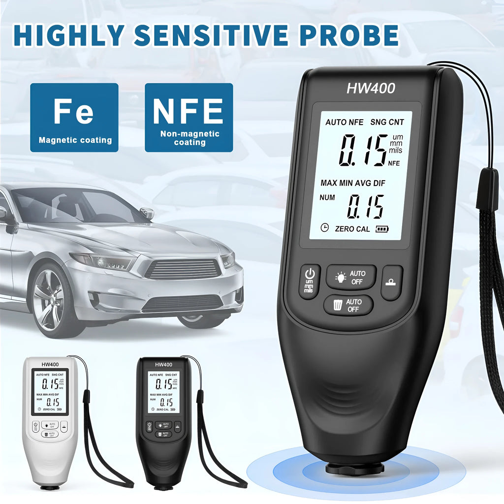 HW400 coating thickness gauge in black with digital display, measuring paint thickness on metal surface