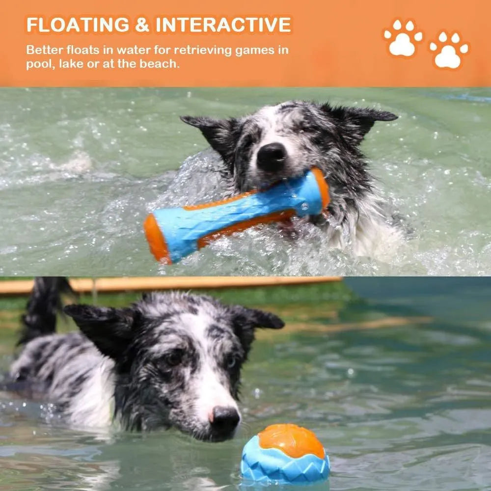 Set of three floating dog toys: blue ball, red barbell, and orange tyre with squeakers