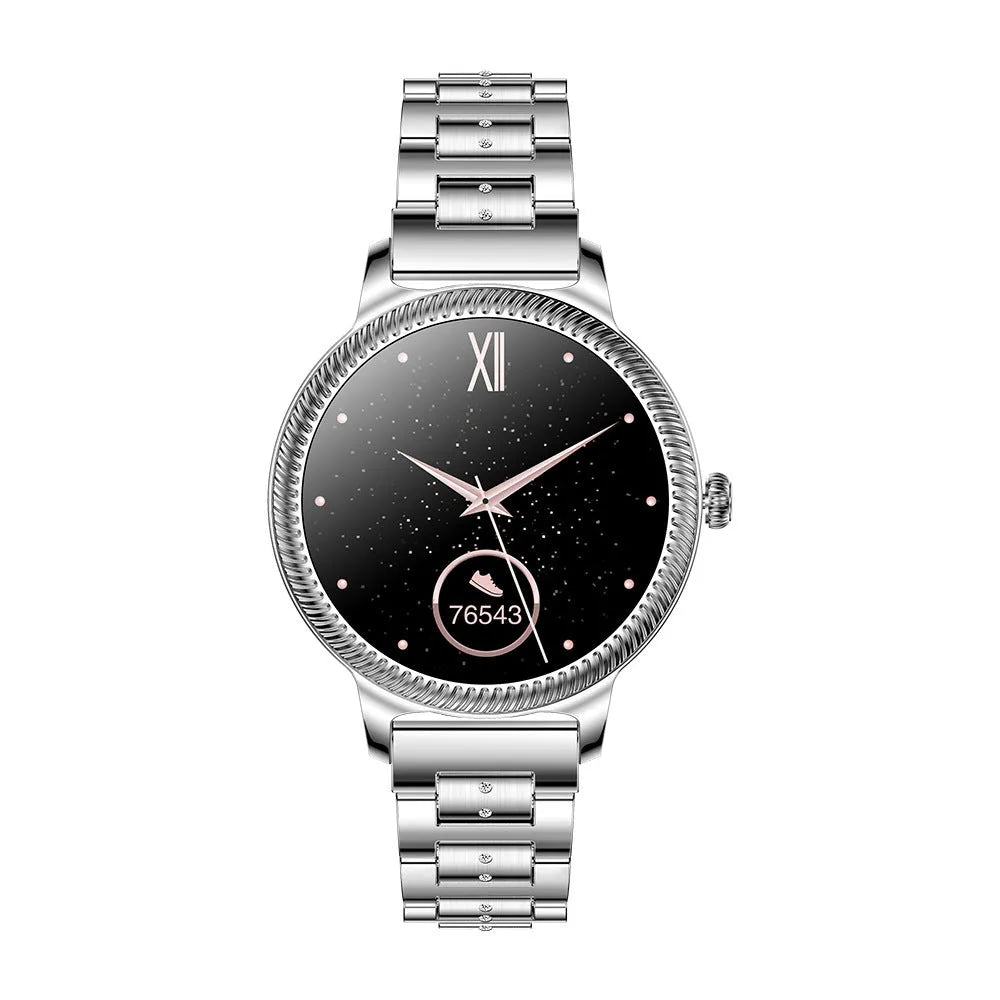 AK38 ladies smart watch with stainless steel Milanese band on wrist, showing its colour screen