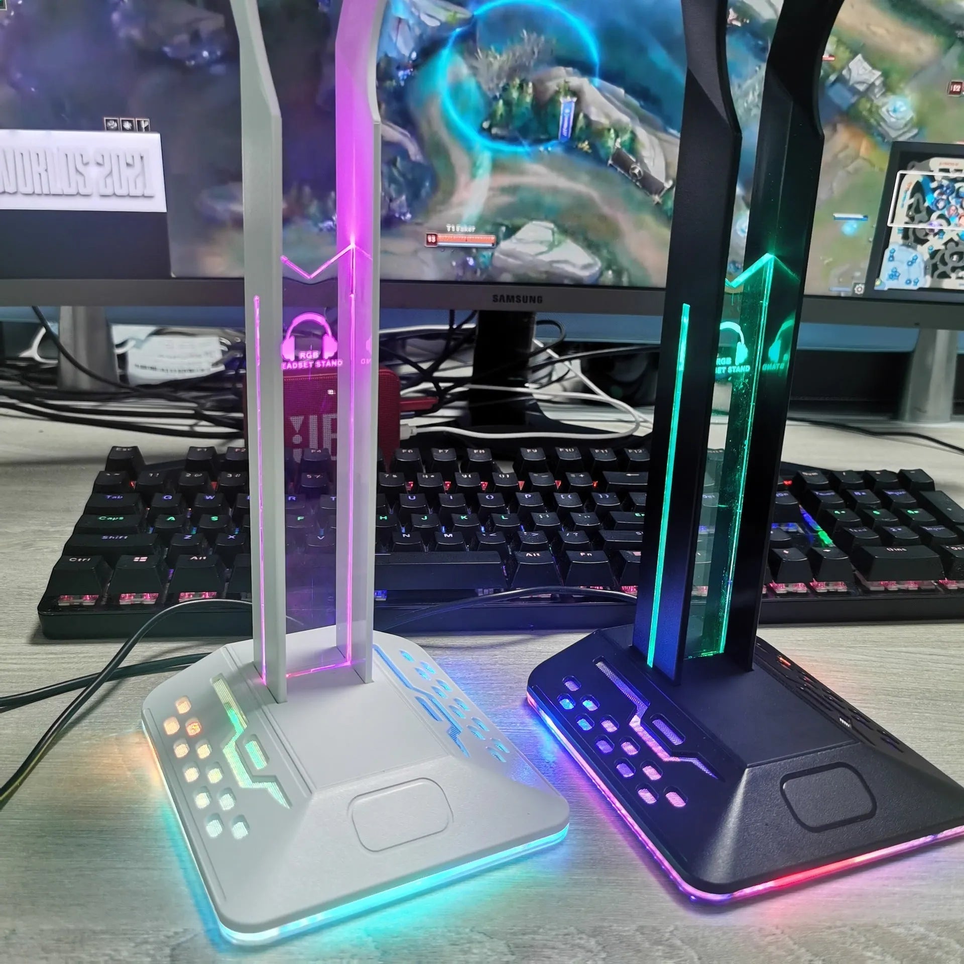 RGB colour changing headset display bracket with dual USB ports and adjustable headphone support arms