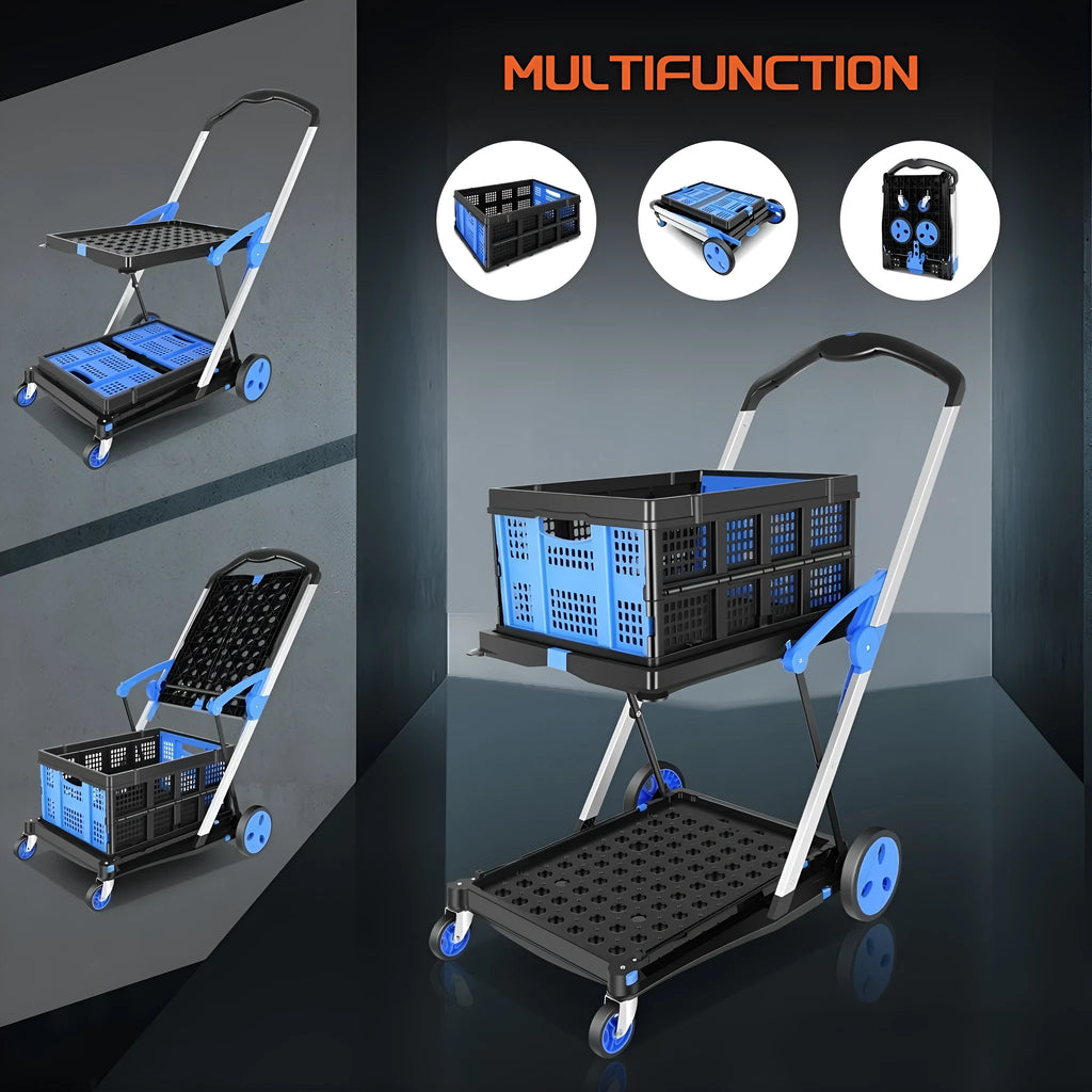Foldable shopping cart with double baskets in choice of blue, purple, pink, or red colours