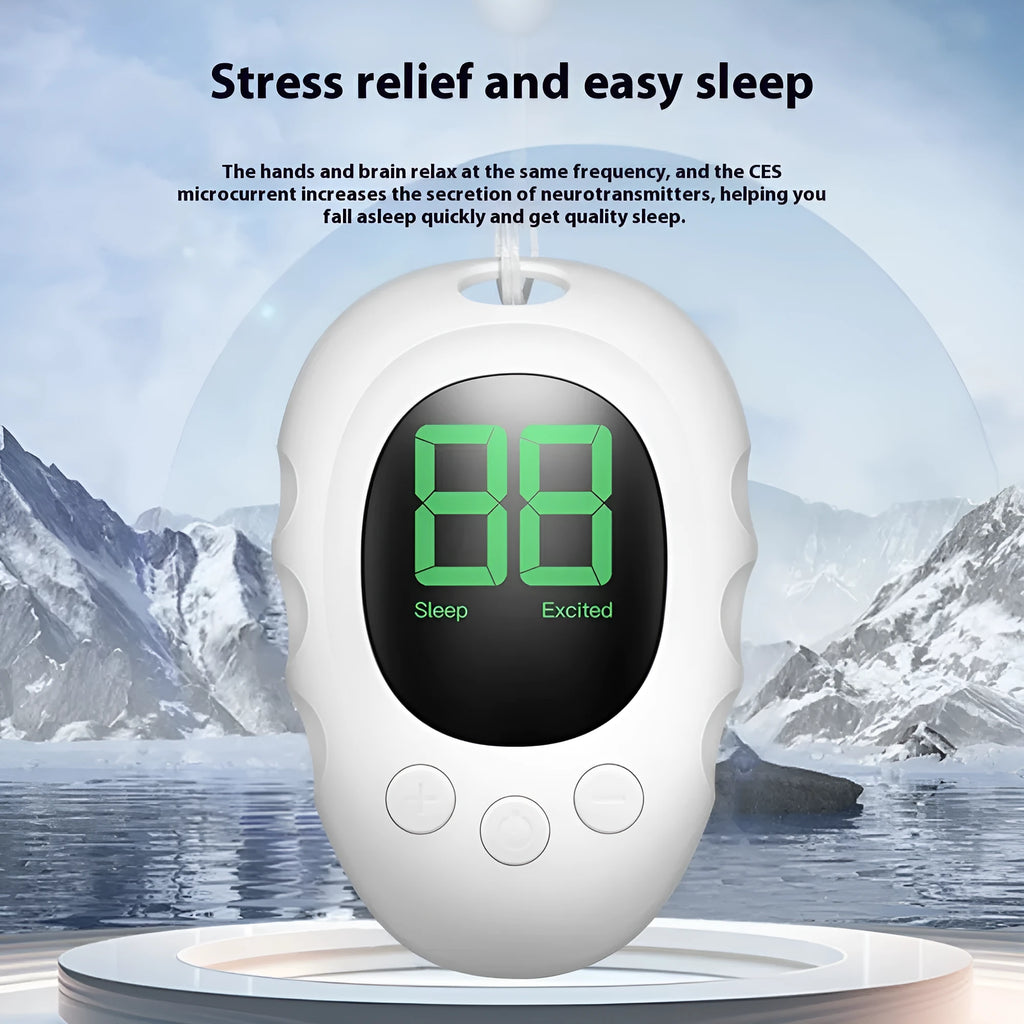Rechargeable silicone sleep aid hand grip sleep monitor in white, black, or green colour with charging cable.