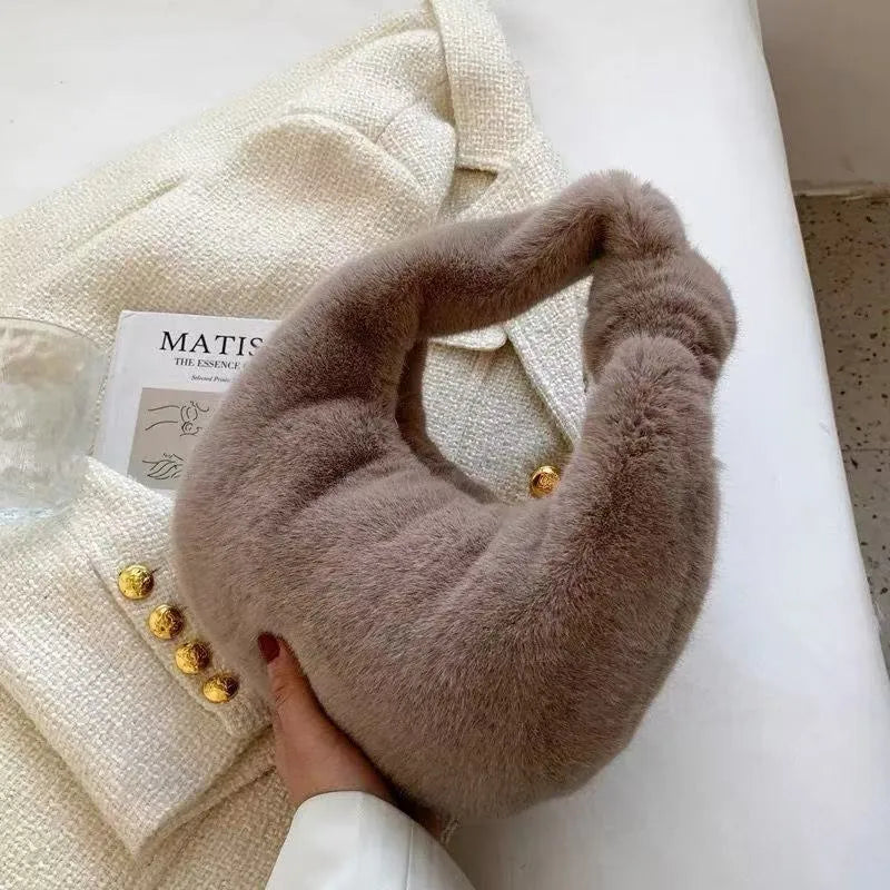 Plush dumpling bag in apricot colour, soft textured handheld handbag with polyester lining