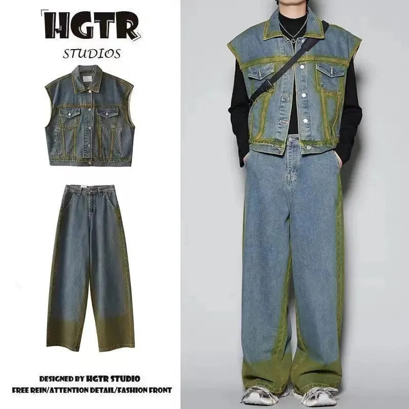 Fleece-lined spray colour gradient distressed vest and jeans two-piece set in blue or black colour options