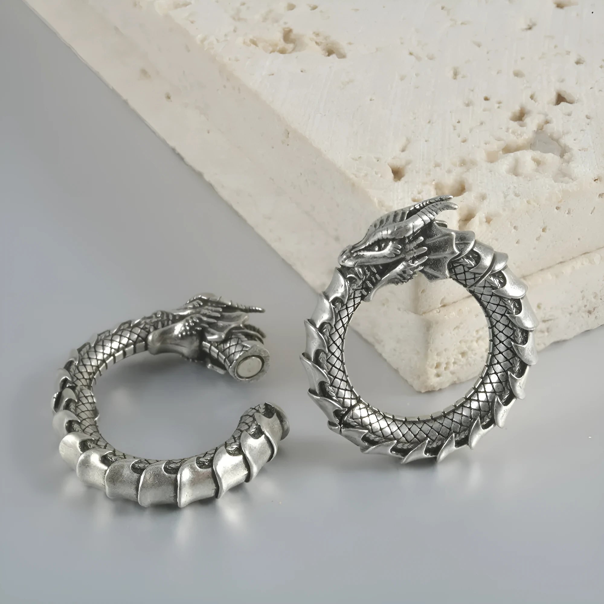 Geometric alloy earrings with retro hollow out design in antique silver dragon finish