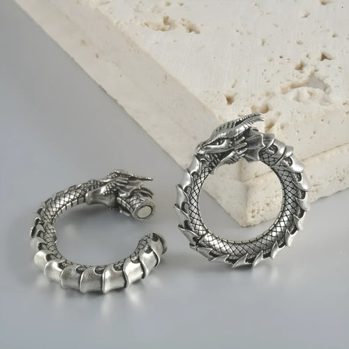 Geometric alloy earrings with retro hollow out design in antique silver dragon finish