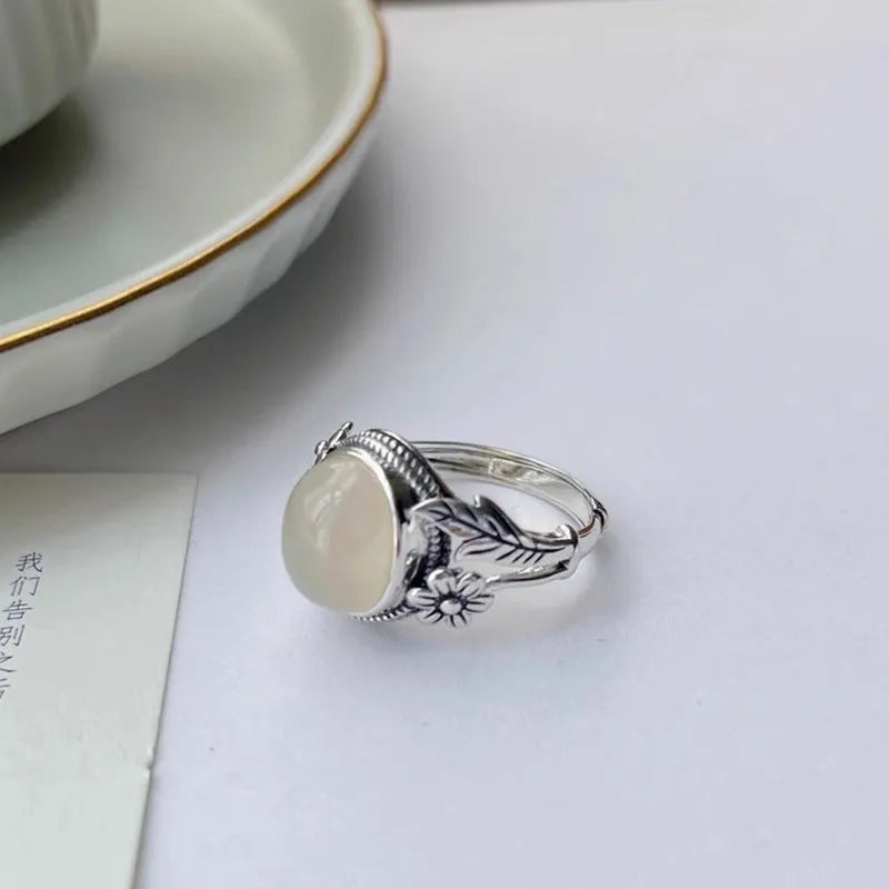 Copper adjustable ring with imitation white chalcedony stone in vintage U-shaped design