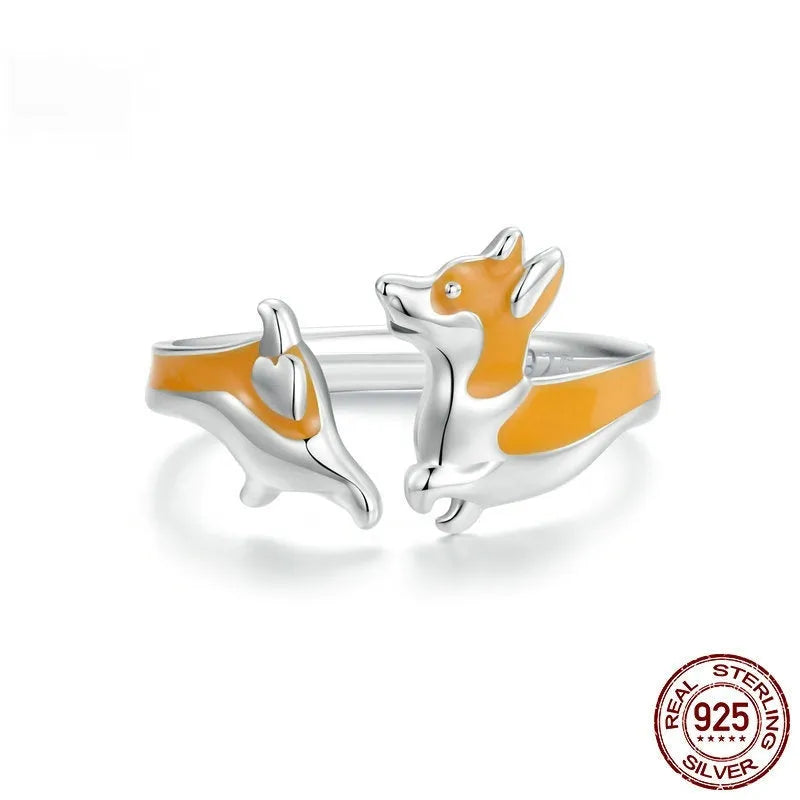 Silver corgi pet ring with cartoon design and electroplated SCR1014-E finish