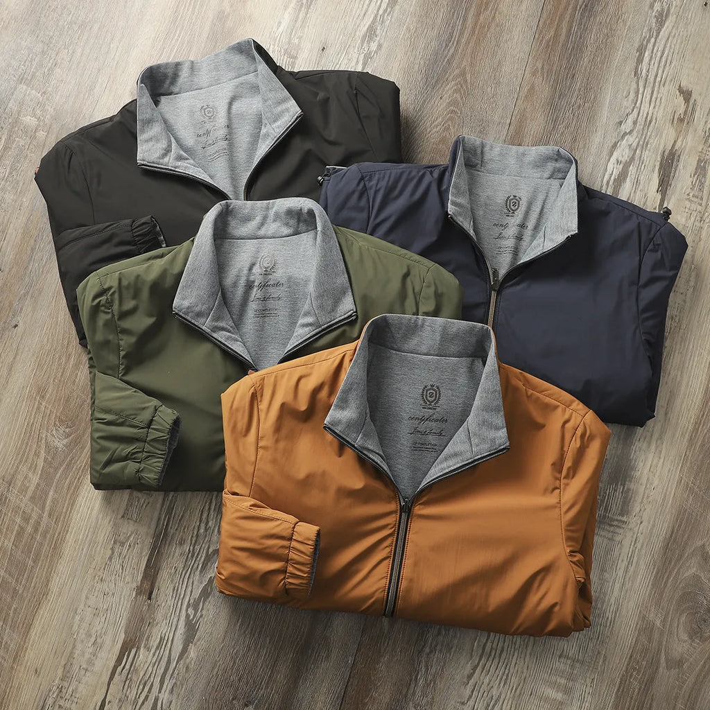 Men's stand collar casual jacket in polyester blend fabric available in multiple colours with Asian sizing options