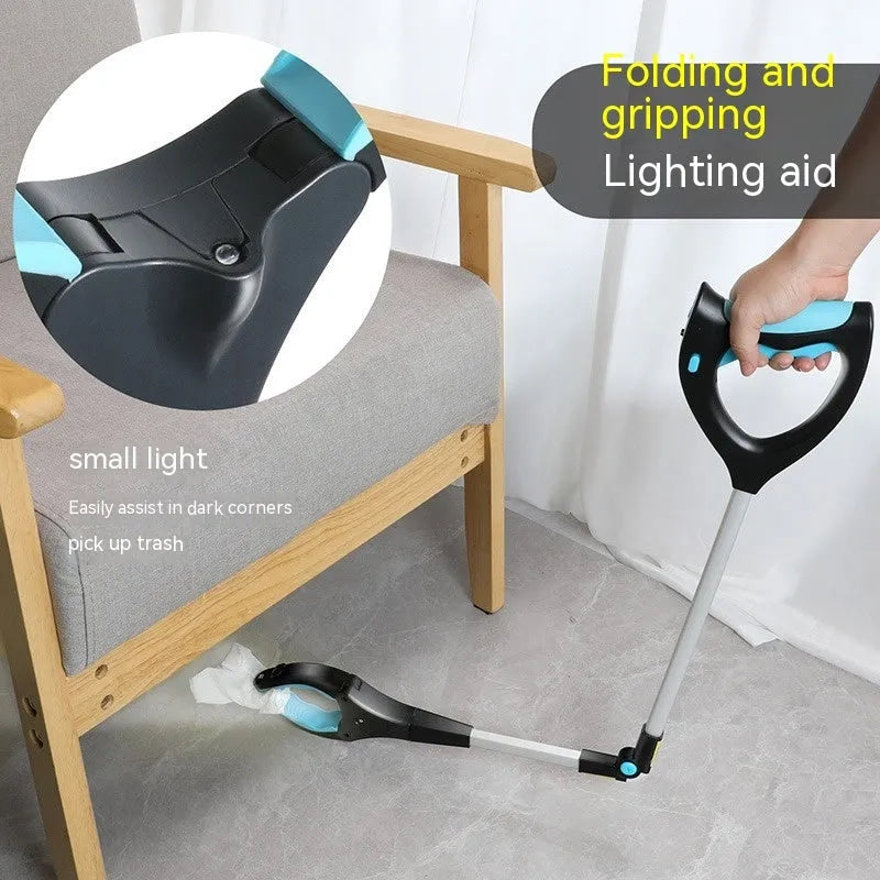 Blue plastic and aluminium alloy folding trash clip for securing a rubbish bag.
