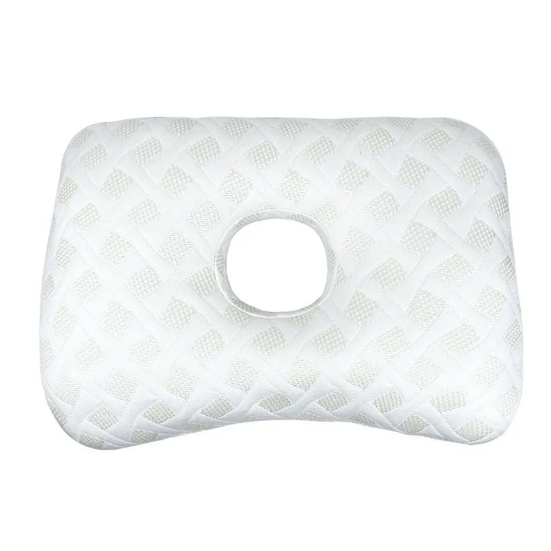 Single-hole ear pillow in plaid grey with detachable cover, shown with dimensions 39cm by 28cm.