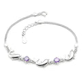 925 sterling silver heart-shaped bracelet with inlaid diamond style, available in purple and white on wrist