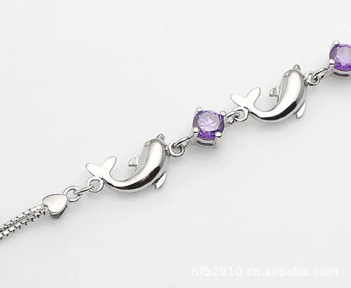 925 sterling silver heart-shaped bracelet with inlaid diamond style, available in purple and white on wrist