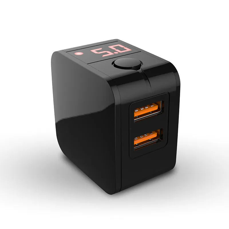 5V2A dual USB fast charger with digital display in black, available with UK plug